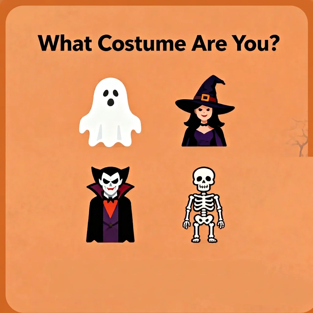 Friendly ghost, witch, vampire and skeleton on an orange Halloween costume illustration