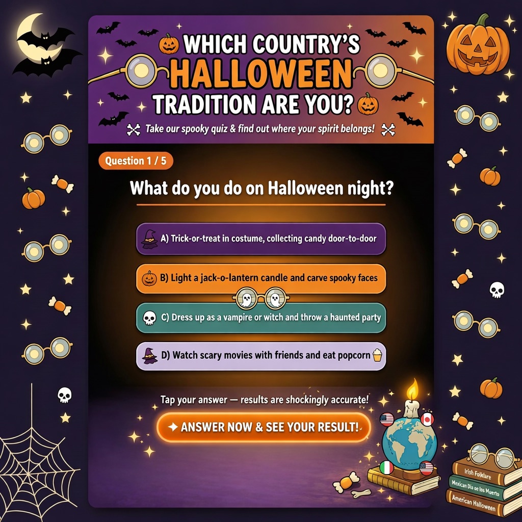 Halloween quiz illustration with pumpkins, bats, round glasses and family celebration ideas