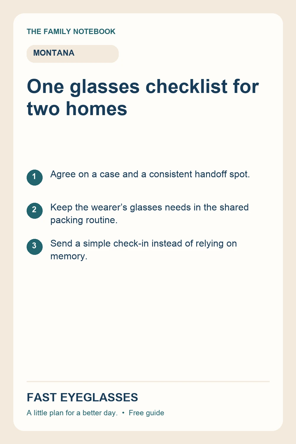One glasses checklist for two homes: Agree on a case and a consistent handoff spot.; Keep the wearer’s glasses needs in the shared packing routine.; Send a simple check-in instead of relying on memory.