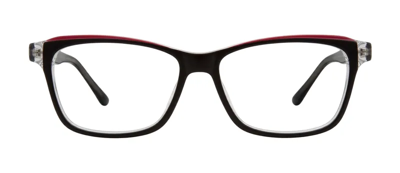 Between Black/Red rectangle prescription eyeglasses, front view